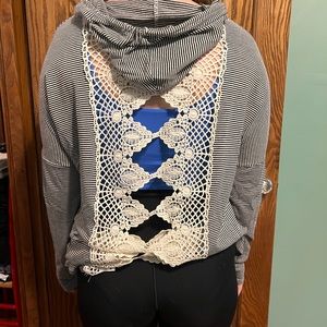 BKE long sleeve hooded shirt. Open back with lace.